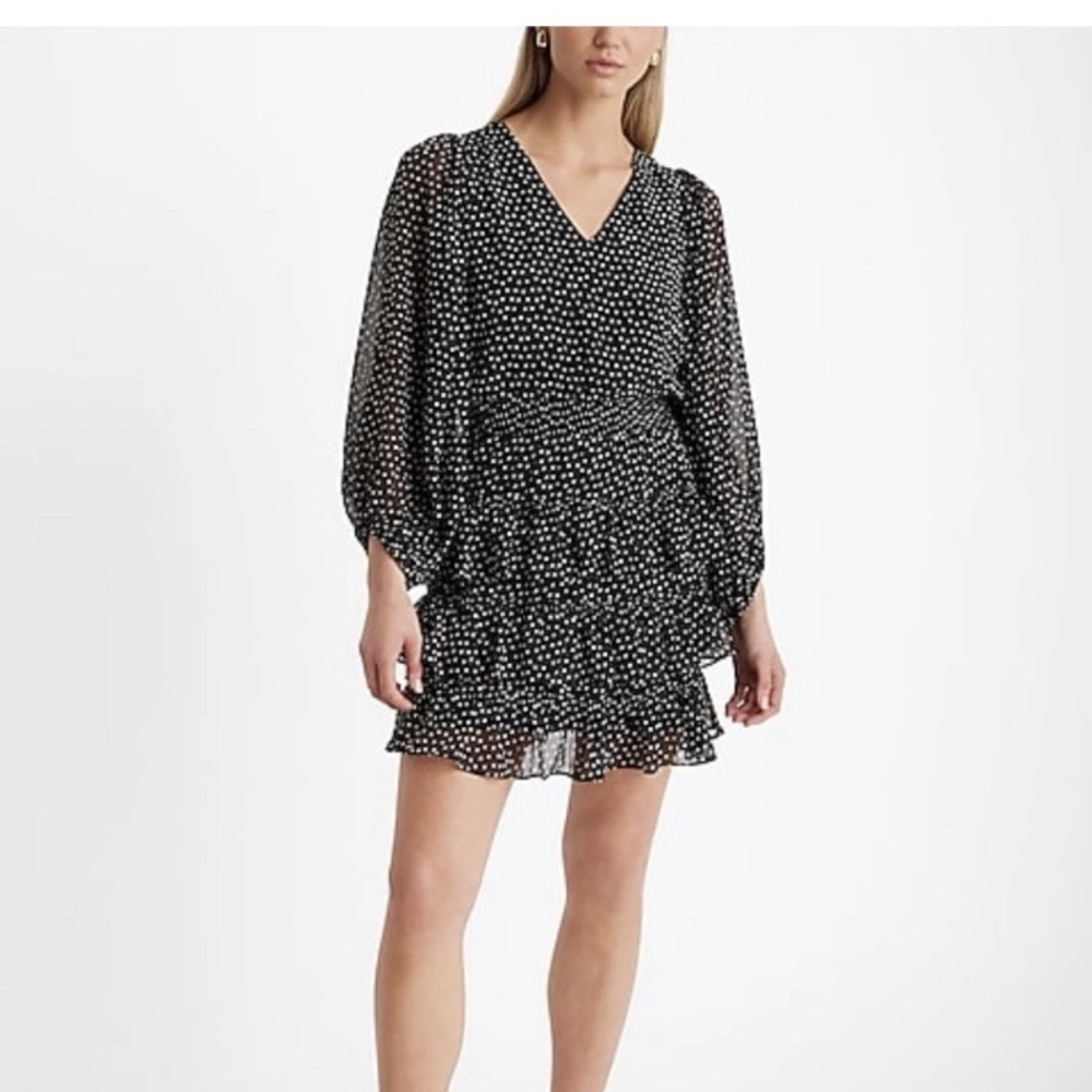Express Black and White Polka Dot sheer lined tiered minidress S elastic waist